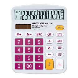 Számológép asztali 14 számjegy nagy, döntött kijelző bordó gombok fehér száml, ap Antilop A-2114C Számológép Antilop
