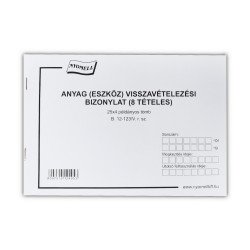 Készlet visszavételezési bizonylat 8 tételes 25x4 lapos tömb A/5 fekvő B.12-123/V Bluering Nyilvántartás Bluering