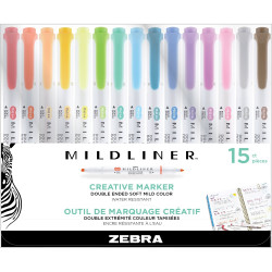 Szövegkiemelő készlet, 1,4/4 mm, kétvégű, Zebra Mildliner Highlighter, 15 különböző szín Szövegkiemelő Zebra