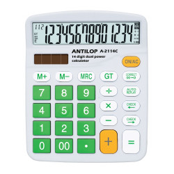 Számológép asztali 14 számjegy nagy, döntött kijelző zöld gombok fehér száml, ap Antilop A-2114C Számológép Antilop