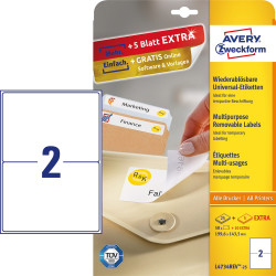 Etikett címke, 199,6 x143,5mm, univerzális visszaszedhető, 2 címke/ív, 25 ív/doboz, Avery fehér Etikett - címke Avery