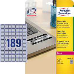 Etikett címke, 25,4 x10mm, ipari poliészter, 189 címke/ív, 20 ív/doboz, Avery ezüst Etikett - címke Avery