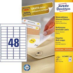 Etikett címke, 45,7 x21,2mm, univerzális visszaszedhető, 48 címke/ív, 100 ív/doboz, Avery fehér Etikett - címke Avery