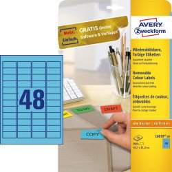 Etikett címke, 45,7 x21,2mm, univerzális visszaszedhető, 48 címke/ív, 20 ív/doboz, Avery kék Etikett - címke Avery