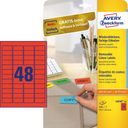 Etikett címke, 45,7 x21,2mm, univerzális visszaszedhető, 48 címke/ív, 20 ív/doboz, Avery piros Etikett - címke Avery