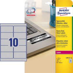 Etikett címke, 96x50,8mm, 20lap 10 címke/lap ipari ezüst poliészter Avery Etikett - címke Avery