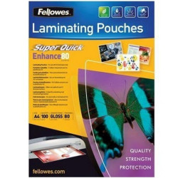 Lamináló fólia, A4, 80 mikron, fényes, 100 db/doboz, SuperQuick Fellowes® Kötészeti kellék Fellowes