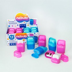 Hegyező 2 lyukú műanyag, tartályos+radír egyben 12 db/doboz, Nebulo vegyes színek Hegyező Nebulo