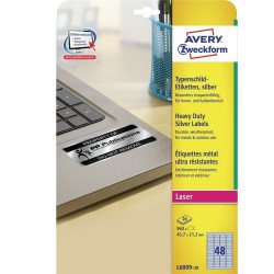 Etikett címke, 45,7 x21,2mm, ipari poliészter, 48 címke/ív, 20 ív/doboz, Avery ezüst Etikett - címke Avery