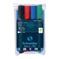 Tábla- és flipchart marker készlet 2-3mm, kerek végű Schneider Maxx 290, 4 klf. szín Táblamarker Schneider
